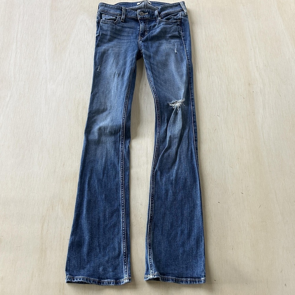 Hollister Slim Bootcut Jeans Teens 0S Med Wash Blue Distressed Embroidered Denim